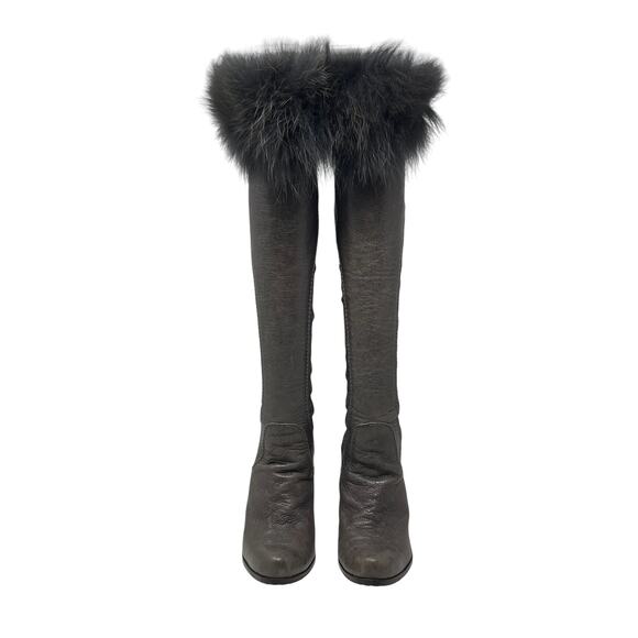 Henry Beguelin Knee High Taupe Leather Boots - Brown Gray - Fur Trim - Size 36.5 - Picture 4 of 12